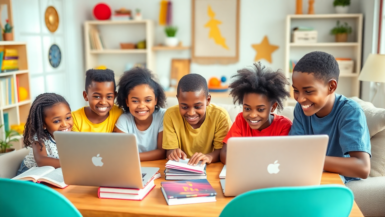 Smiling African American child studying online