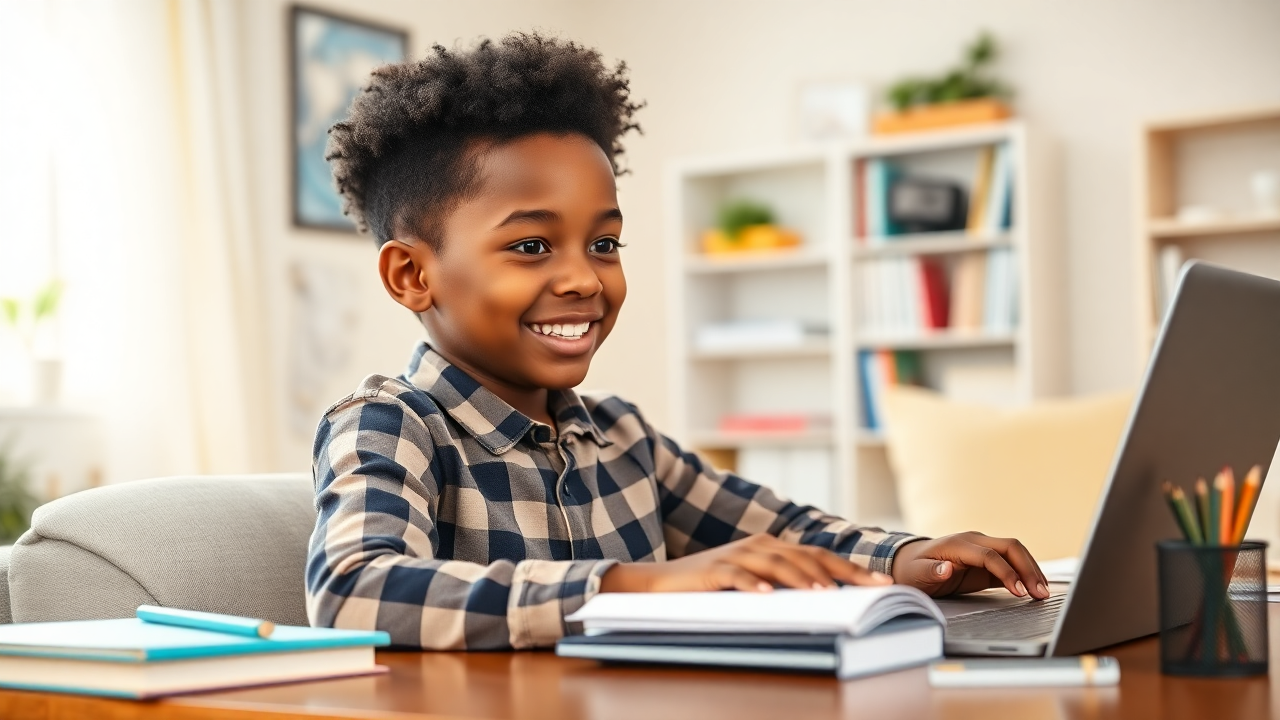 Smiling African American child studying online